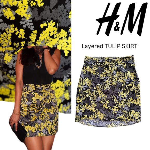H&M Layered Tulip Skirt Yellow Black Spring Summer Fall Career Modern Casual - Picture 1 of 13